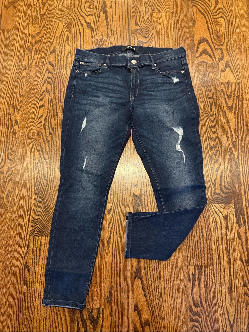 Dark Wash Express Distressed Skinny Jeans with Distress